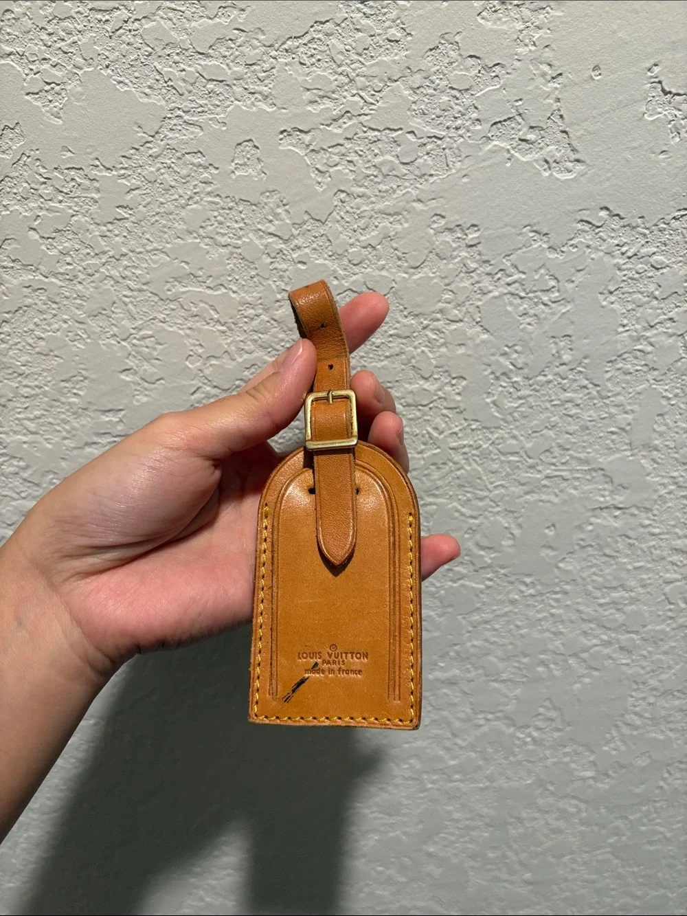 Louis Vuitton Tan Leather Luggage Tag with Gold Buckle